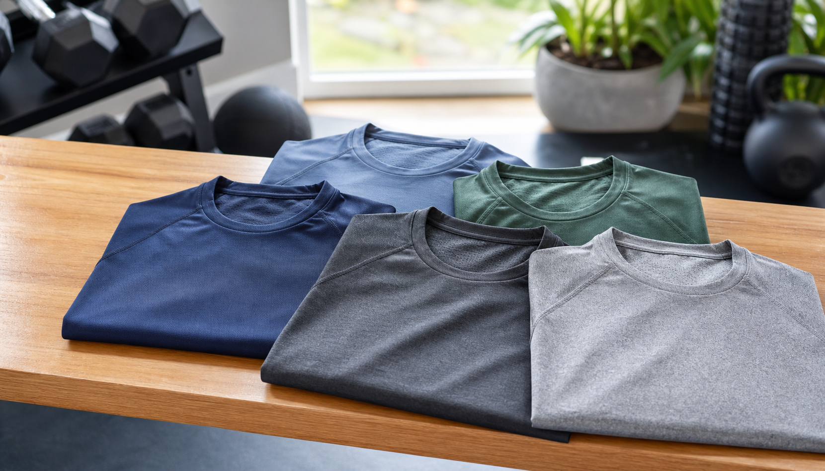 Five men's moisture wicking shirts arranged in a bright home gym
