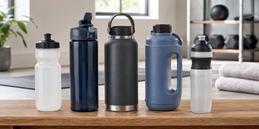 Best sports water bottles arranged in a bright modern home gym