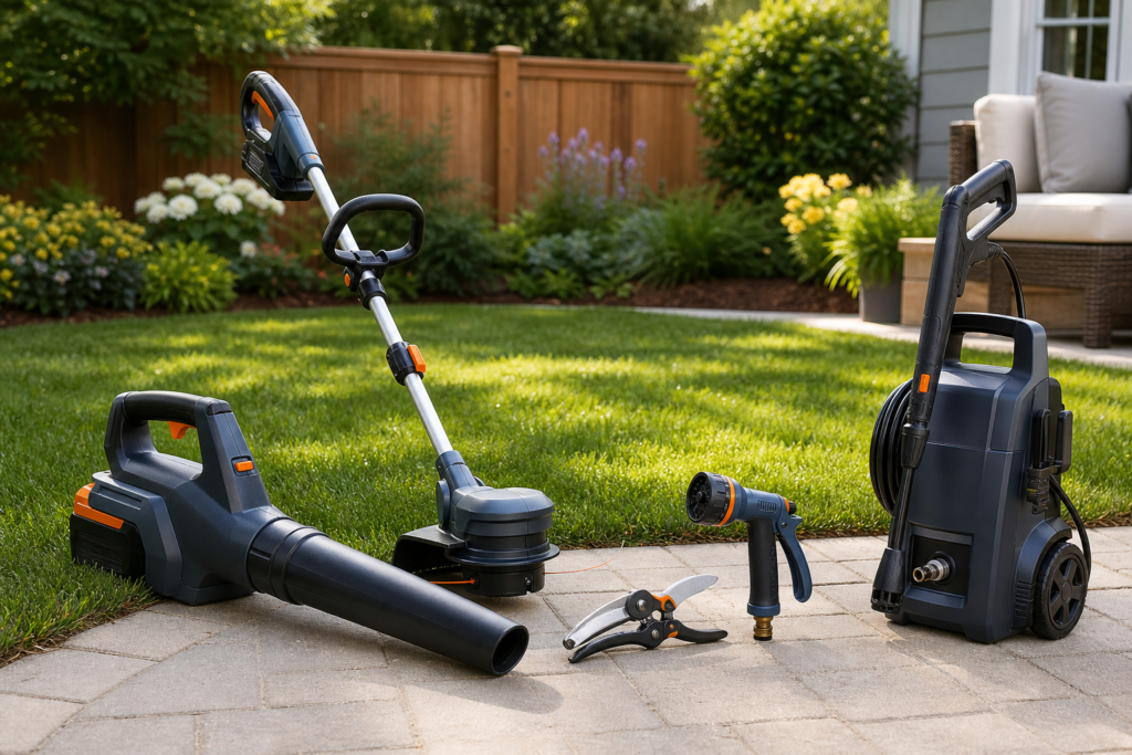 Best backyard maintenance tools arranged in a tidy suburban yard