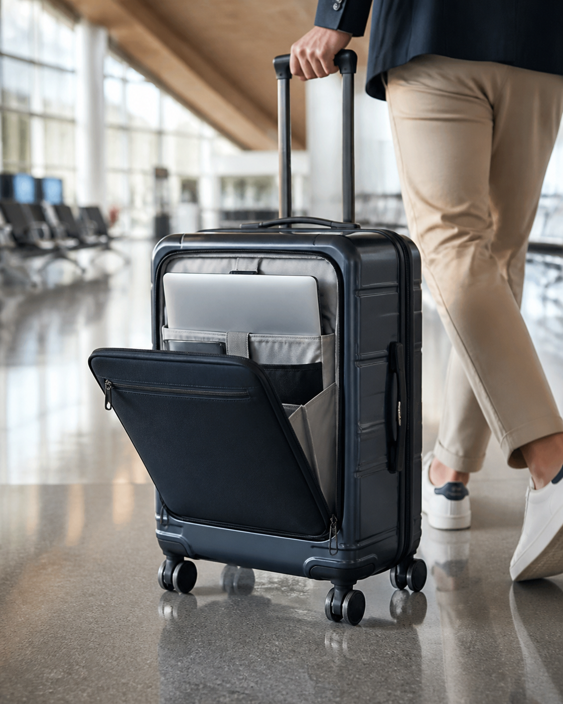 front-opening aluminum-frame carry-on suitcase beside a neatly folded blazer