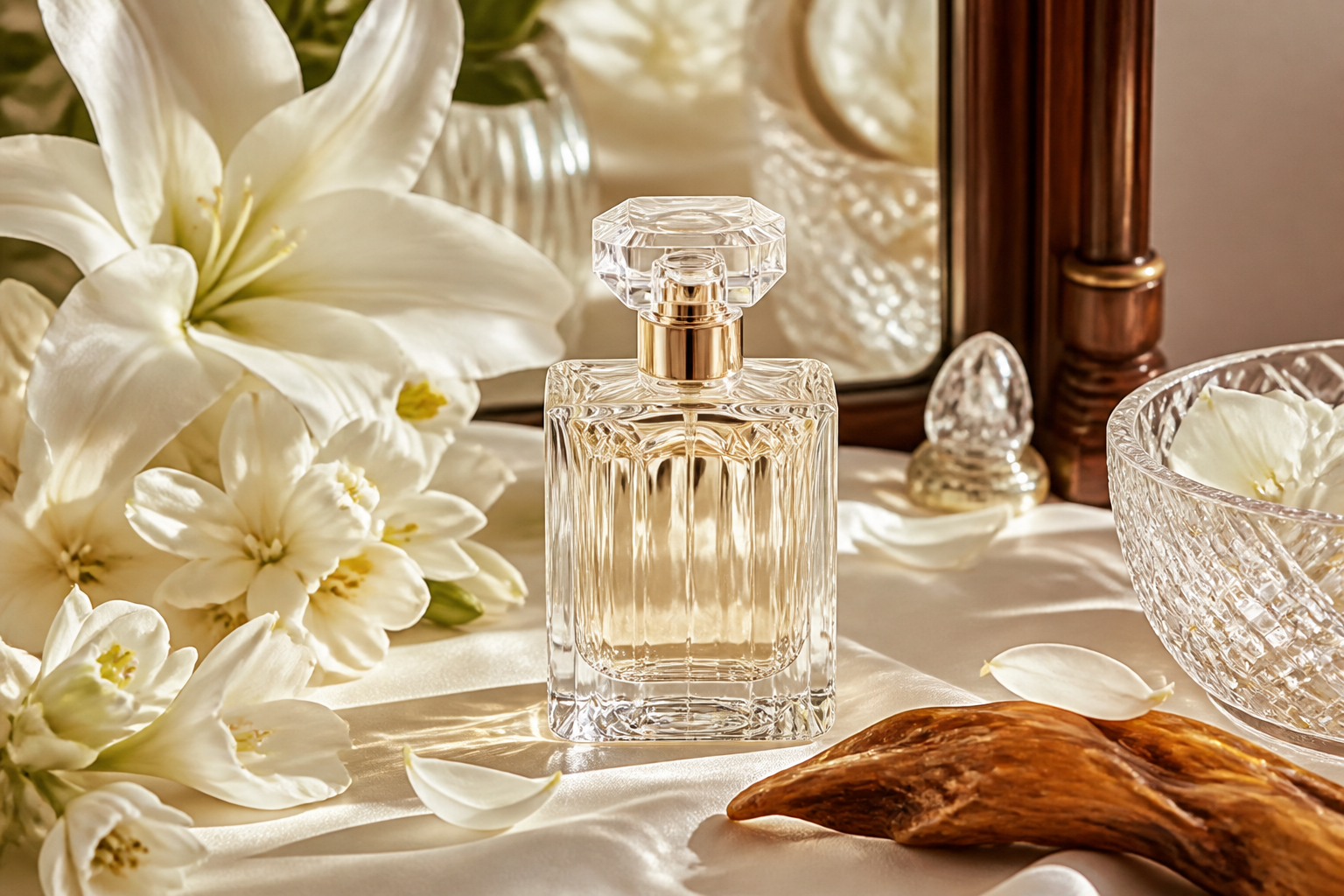Affordable branded perfumes — Classic white floral perfume still life with crystal and amber wood