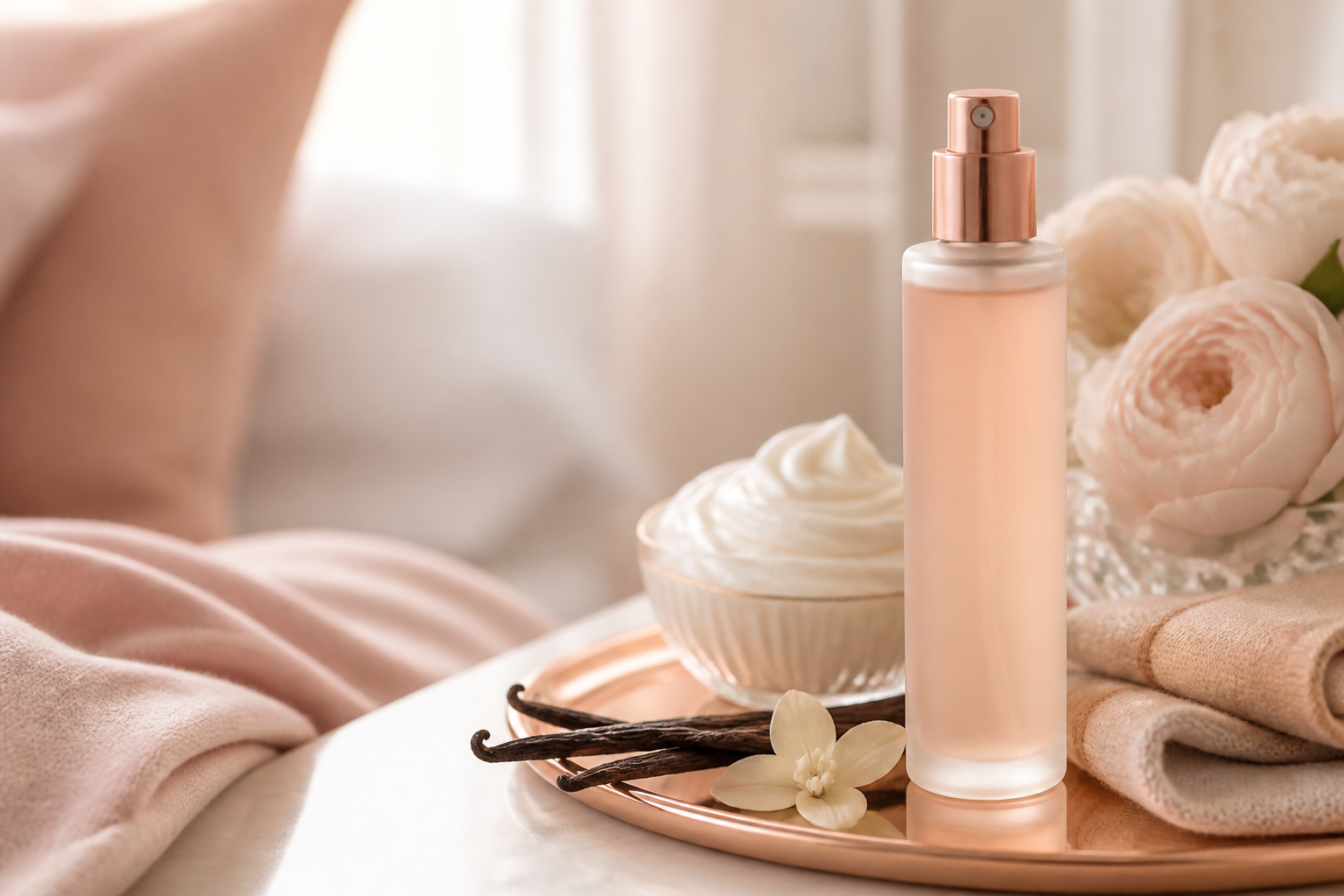 Affordable branded perfumes — Soft vanilla body mist scene with cashmere and cream flowers