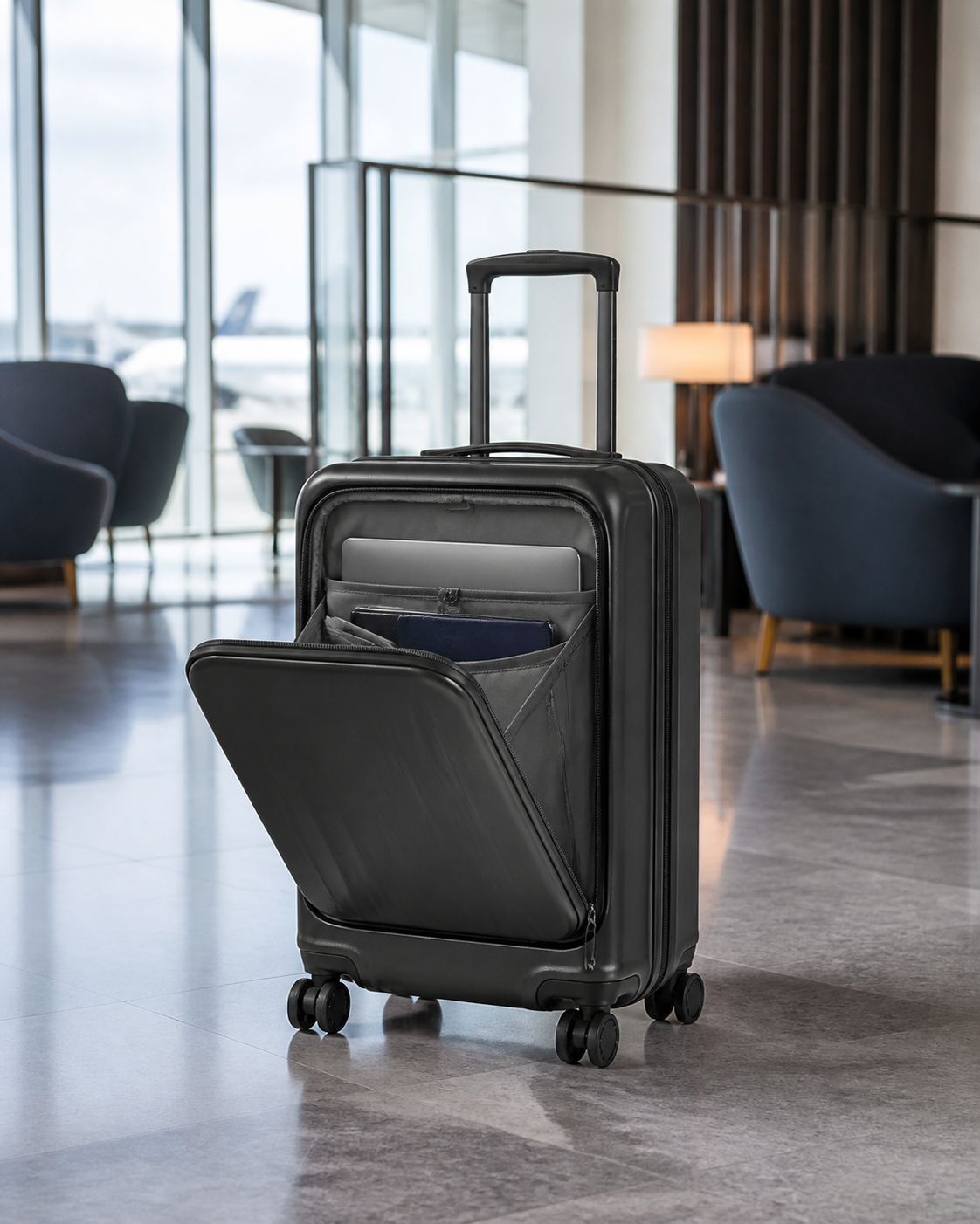 ocean-blue zipperless front-opening carry-on suitcase in a clean airport setting