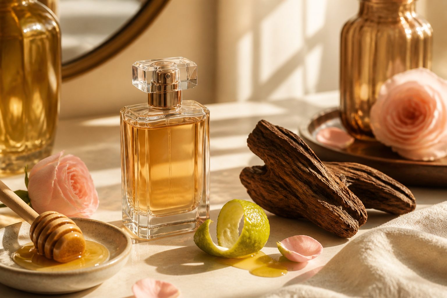 Affordable branded perfumes — Golden honey oud fragrance still life with bergamot and rose