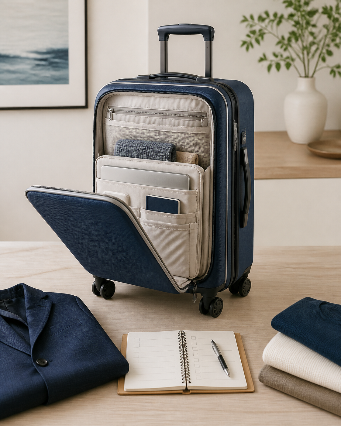 compact front-pocket carry-on suitcase at a modern airport lounge table