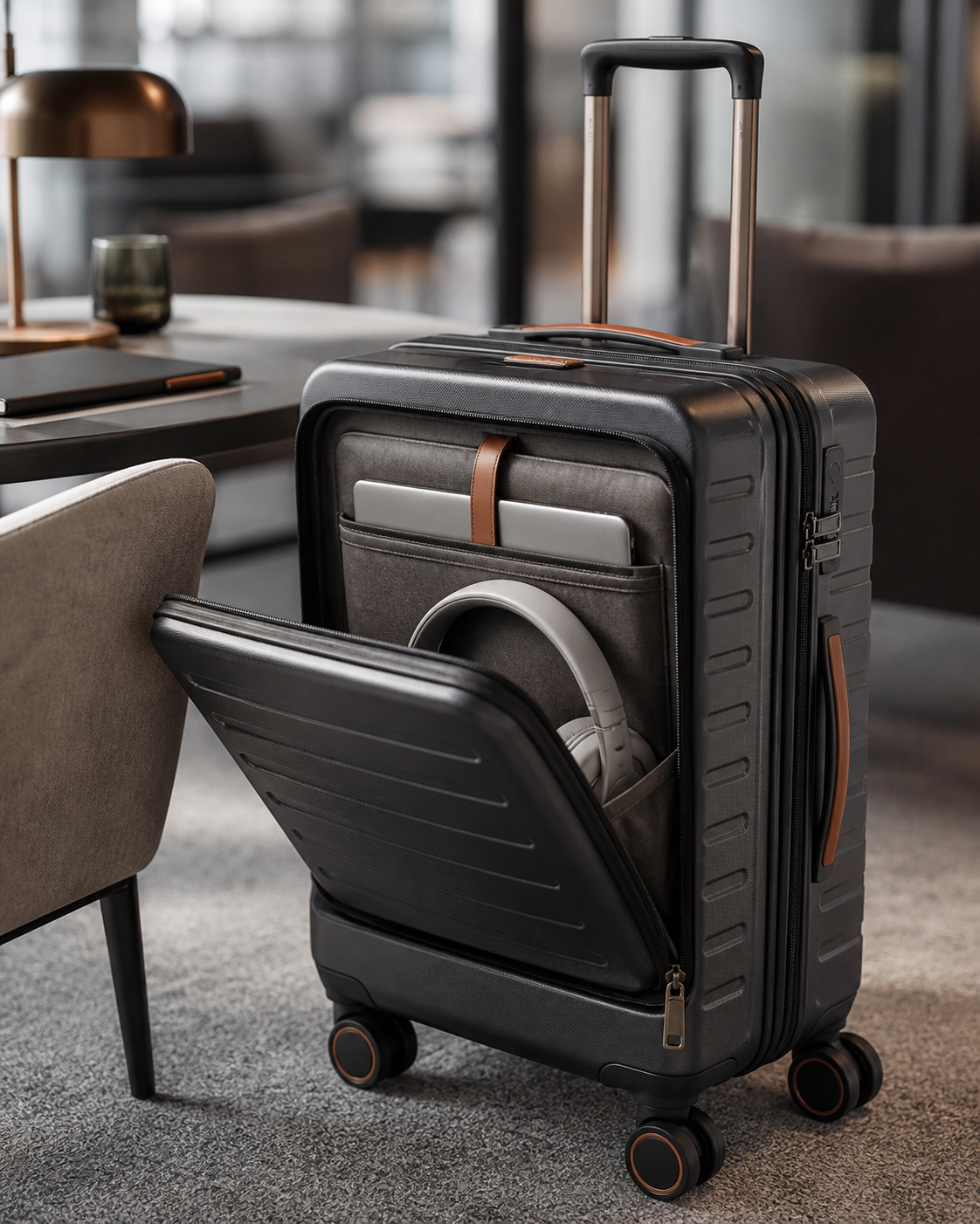 slim front-pocket carry-on suitcase with a tablet and headphones in a quiet airport lounge