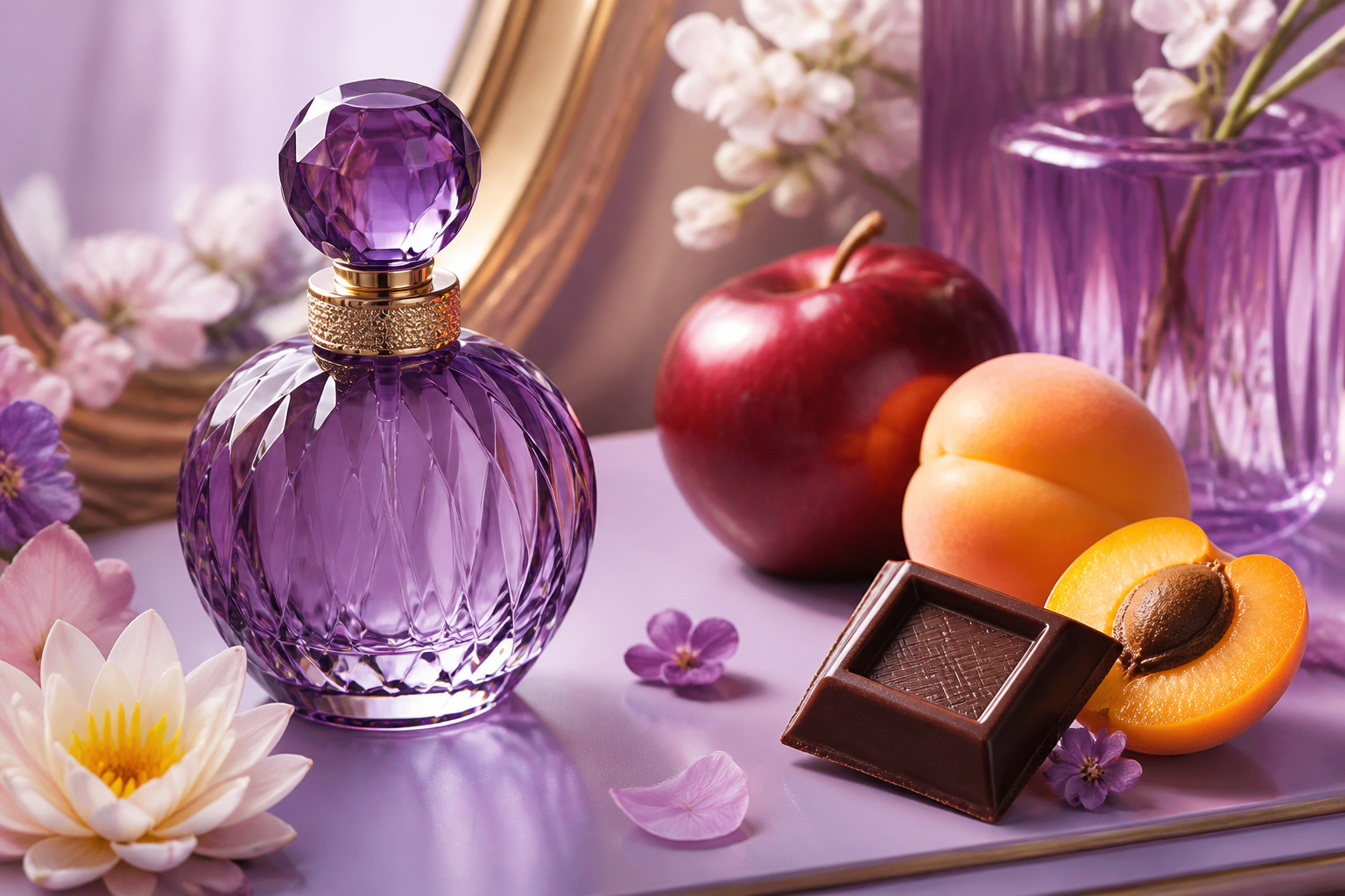 Affordable branded perfumes — Playful purple perfume scene with apple, apricot, flowers, and chocolate